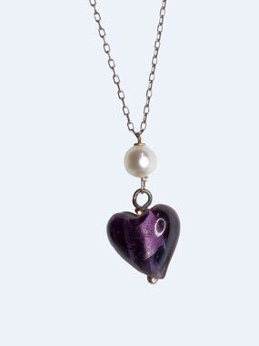 Sterling 925 Delicate Chain Necklace w/Dangling Purple Stone Heart & Pearl